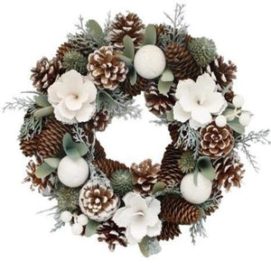 30cm White and Green Frosted Boxed Wreath -  Christmas Artificial Xmas