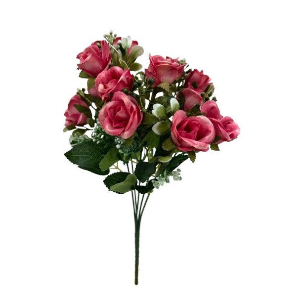 32cm Cerise Open Rose Bunch with Foliage