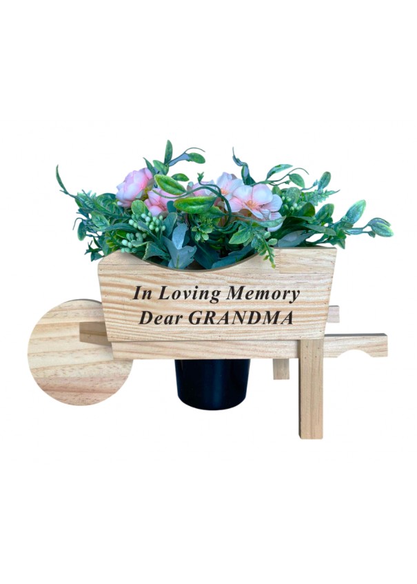 WAS: £15.95 / NOW: £10.00! Wooden Memorial Wheelbarrow Black Insert - Graveside Plaque - NOTE - does not come with flowers.