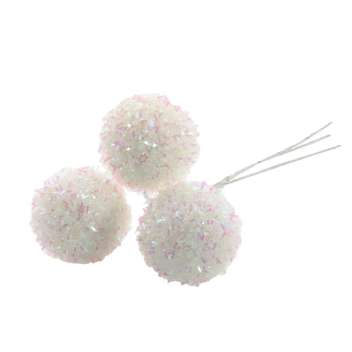 13cm Christmas Bunch of 3 White Frosted Baubles Pick