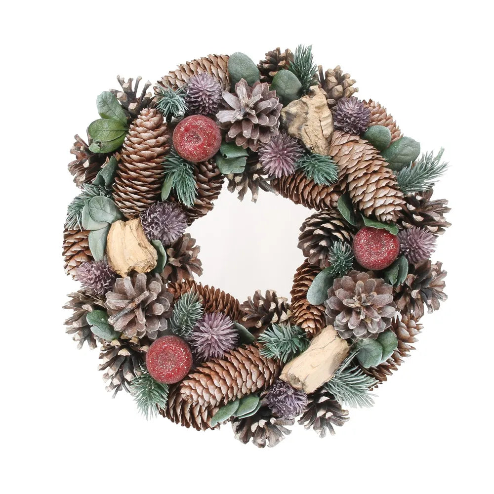 30cm Green/Lilac Cone and Red Apple Boxed Wreath -  Christmas Artificial Xmas