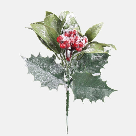 20cm Snow Covered Holly Pick with Berries  - Christmas Artificial Xmas