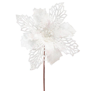 Bag of 12 x 17cm Large White Glitter Poinsettia Picks - Artificial Single Stem - Christmas Wreath