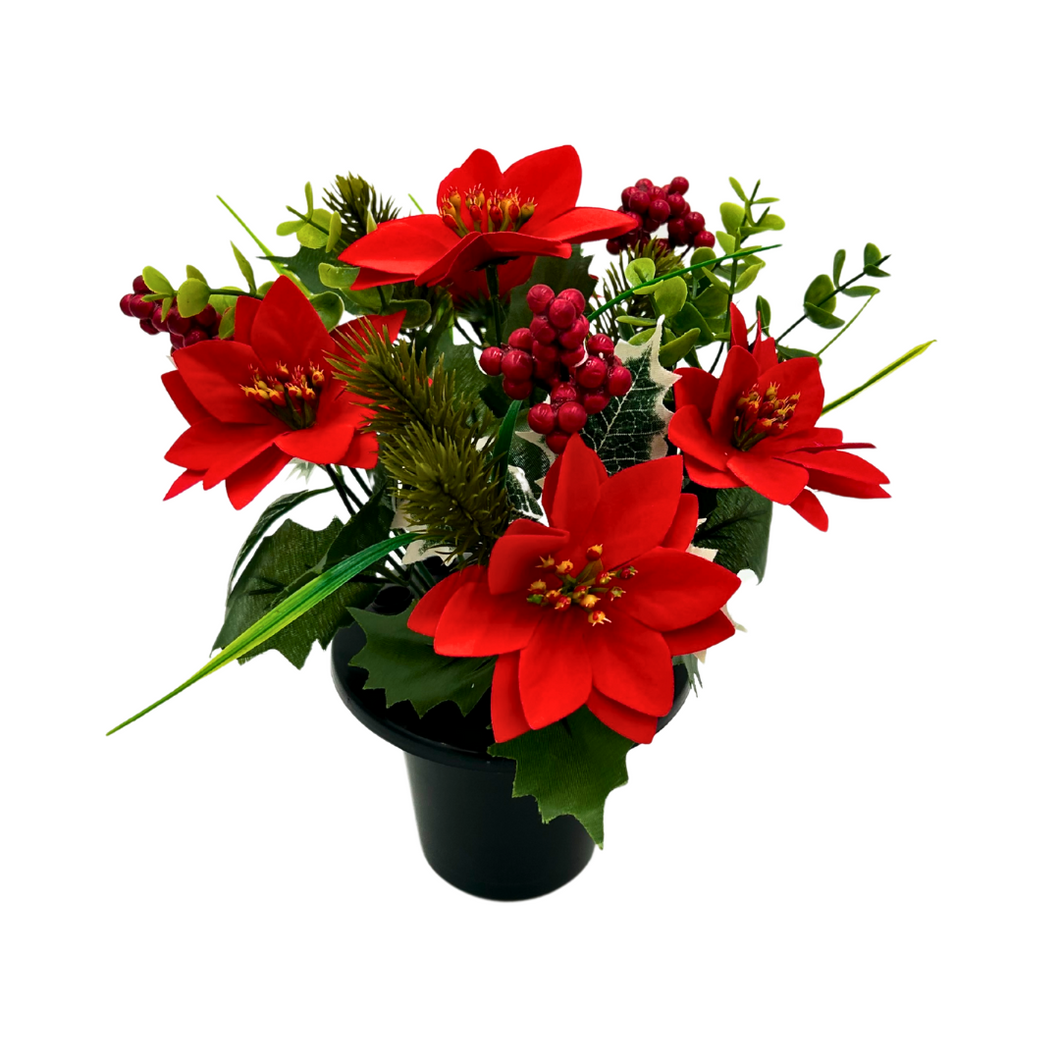 Christmas Red Poinsettia, Holly and Cone Weighted Memorial Grave Pot