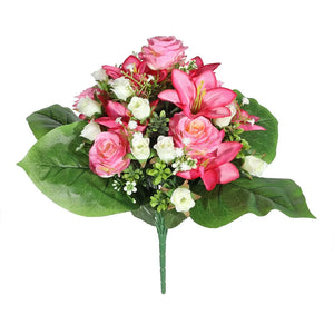 43cm  Large Rose and Lily Mixed Bunch - Pink Cerise - Artificial