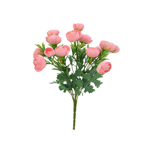 28cm Mini Ranunculus Bunch Bush Pink with Foliage - Artificial Flower