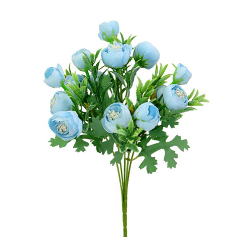 28cm Mini Ranunculus Bunch Bush Blue with Foliage - Artificial Flower
