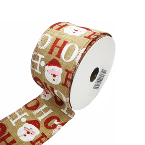 HO HO HO Santa Design Wired Edge Christmas Ribbon - 63mm x 10yds