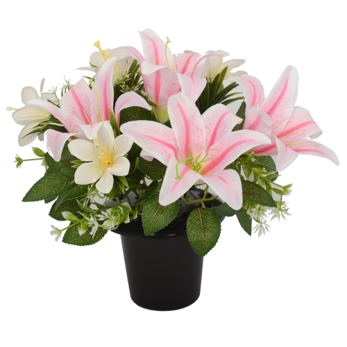 Pink / Ivory Lillies and Foliage Memorial Grave Pot