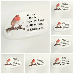 White Robin Pebble Christmas Memorial Tribute - Xmas Tree Plaque Verse Graveside