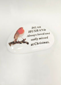 White Robin Pebble Christmas Memorial Tribute - Xmas Tree Plaque Verse Graveside