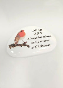 White Robin Pebble Christmas Memorial Tribute - Xmas Tree Plaque Verse Graveside