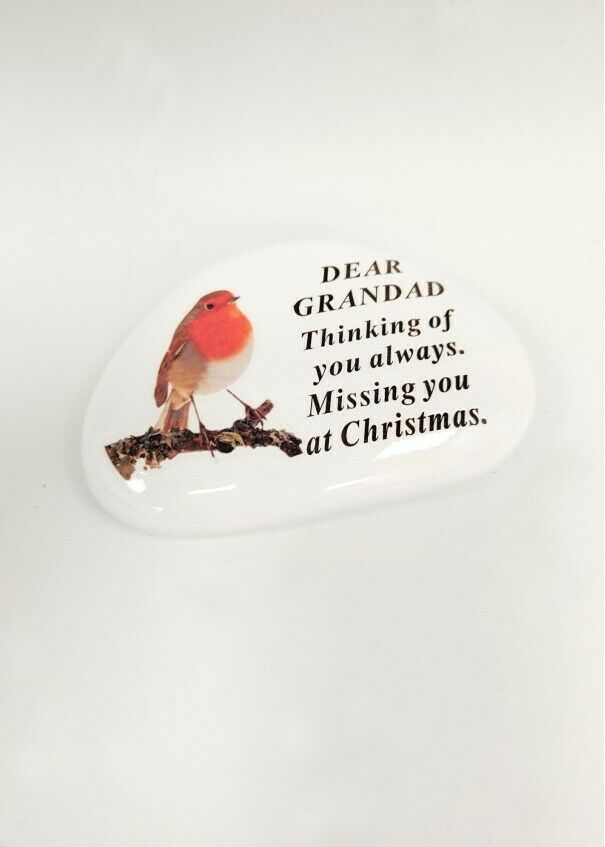 White Robin Pebble Christmas Memorial Tribute - Xmas Tree Plaque Verse Graveside