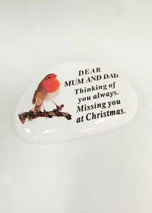 White Robin Pebble Christmas Memorial Tribute - Xmas Tree Plaque Verse Graveside