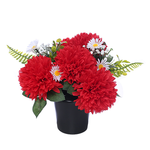 Chrysanthemum Daisy & Foliage Memorial Grave Pot - Red and White