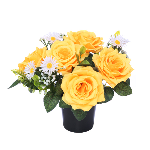 Yellow Rose White Daisy Memorial Grave Pot