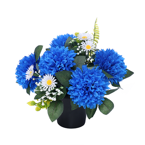 Chrysanthemum Daisy & Foliage Memorial Grave Pot - Blue and White