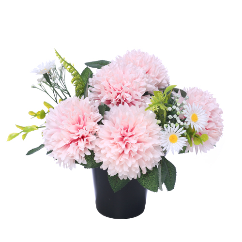 Chrysanthemum Daisy & Foliage Memorial Grave Pot - Pink and White