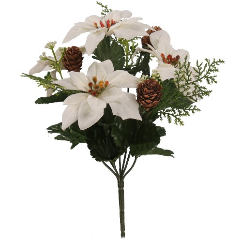 30cm Christmas Bush With Poinsettias And Pine Cones Ivory