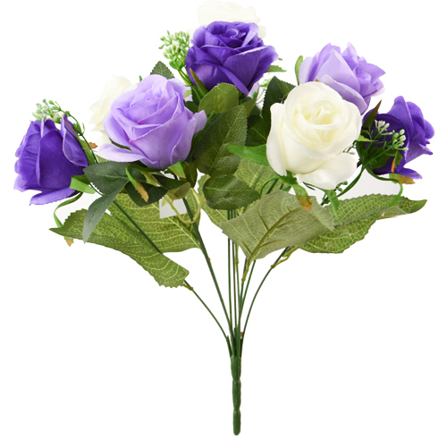 40cm Lilac Purple Ivory Rosebud Bush with Gyp - 9 Heads - Artificial Flower