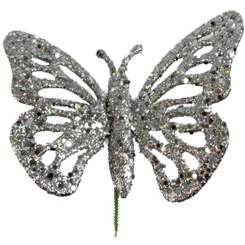 Glittered Plastic Butterfly Pick Silver - Bouquet Christmas Floral