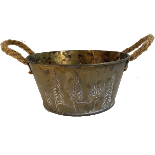 18cm Christmas Metal Round Planter with Rope - Reindeer Tree Detail
