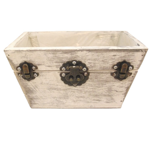 18cm Rectangular Wooden Planter with Metal Decoration -Plastic Lined - Flower Garden Plant Potn