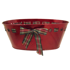 28cm Metal Red Oval Planter with Tartan Ribbon Bow and Star Detail