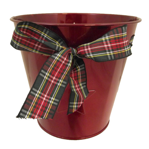 15.5cm Metal Red Round Planter with Tartan Ribbon Bow and Star Detail