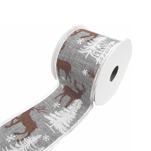 CHRISTMAS FABRIC WIRED EDGE RIBBON 63mm X 10yds TREES AND STAG GREY/BROWN/WHITE