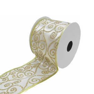 Ivory Gold Swirl Design Wired Edge Christmas Ribbon - 63mm x 10yds