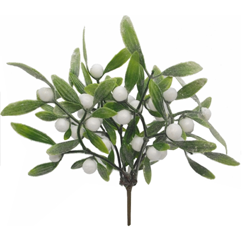 21cm Glittered Mistletoe Pick on Short Stem - Christmas Artificial White Green