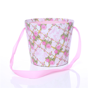16cm Round Floral Pot with Ribbon Handle Pink Vintage Floral Design