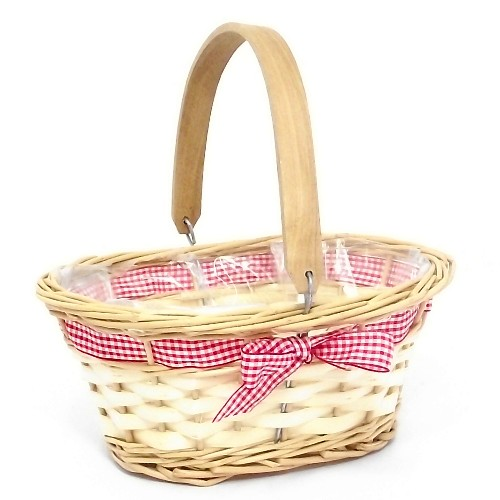25cm Wooden Natural Oval Planting Basket - Red Gingham Ribbon - Florists Flower Arrangement