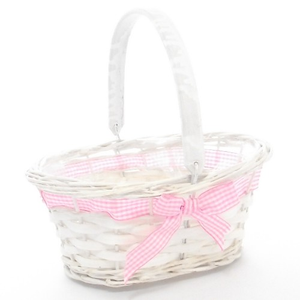 25cm Wooden White Oval Planting Basket - Pink Gingham Ribbon - Florists Flower Arrangement