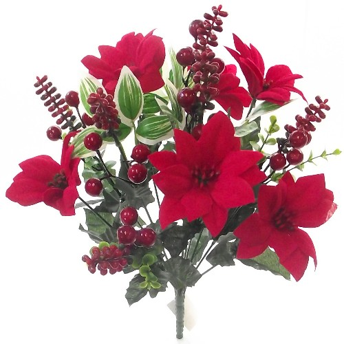 40cm Velvet Poinsettia and Eucalyptus mixed Berry Bush Red