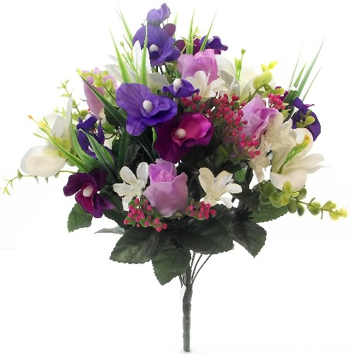 40cm Large Rosebud Alstro and Orchid Mixed Bush - Lilac Purple White