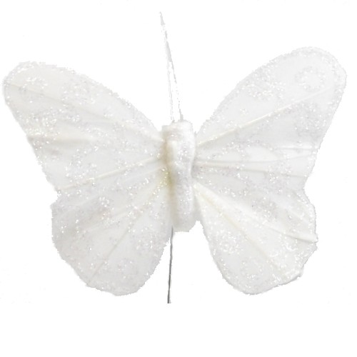 White Feather Glitter 8cm Butterfly Butterflies (12 Pack)