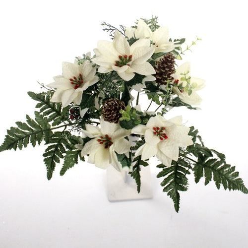 40cm Large Ivory Poinsettia Bunch - Cones Foliage Glitter - Artificial Christmas Xmas