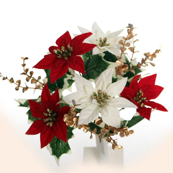 40cm Red & White with Gold Glitter Detail Poinsettia Foliage Bunch - Artificial Christmas Xmas