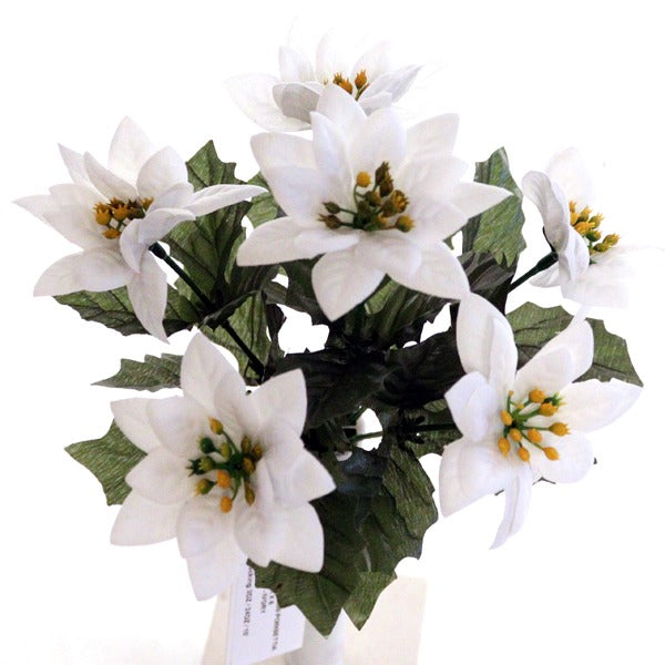 28cm Velvet Mini White Poinsettia Bush - 6 Heads - Christmas Artificial Xmas Flower