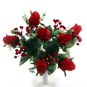 34cm Red with Berry Rose Bud Bush Bunch - Artificial Christmas Xmas
