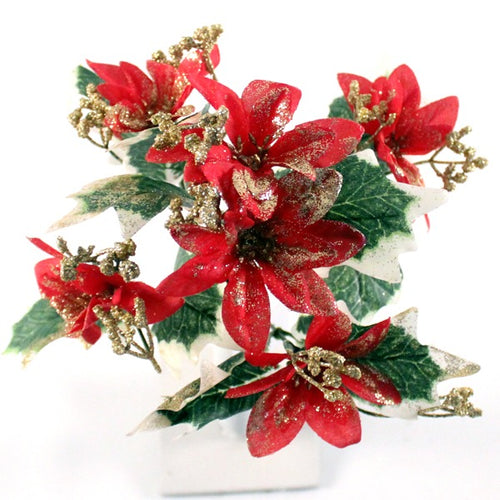 28cm Red Glittered Poinsettia and Gyp Bush Bunch - Christmas Xmas Artificial Greenery