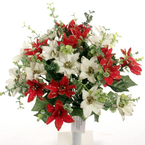 Large Glittered Red White Poinsettia Bunch with Eucalyptus - Christmas Artificial Xmas