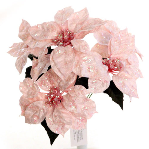 40cm Large Pink Glitter Velvet Poinsettia Bush - Christmas Xmas Artificial (XB3)