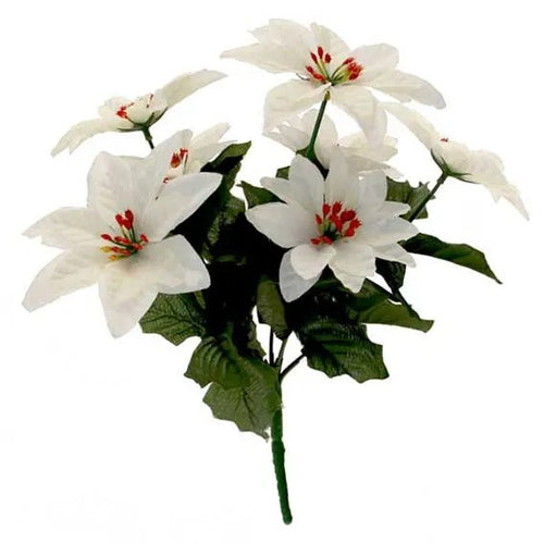 30cm White Poinsettia Bush - 7 Heads - Artificial Bunch Christmas
