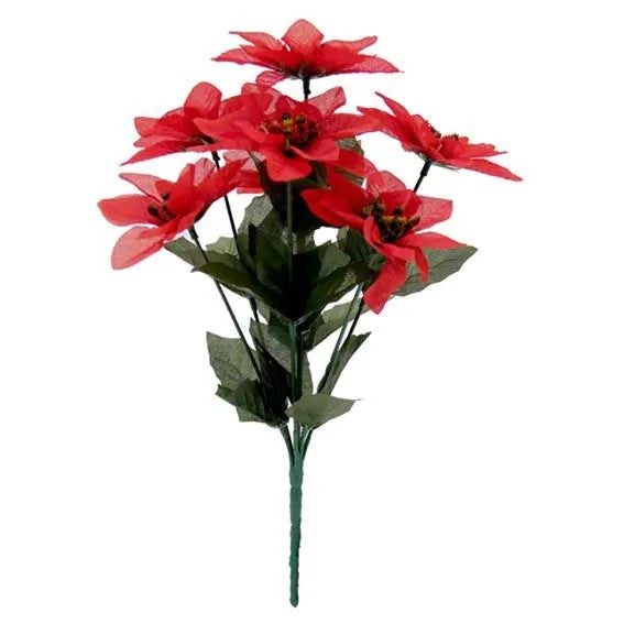 30cm Red Poinsettia Bush - 7 Heads - Artificial Bunch Christmas