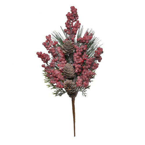 32cm Red Cluster Berry with Cones and Spruce Frosted Pick - Christmas Artificial Xmas Wreath