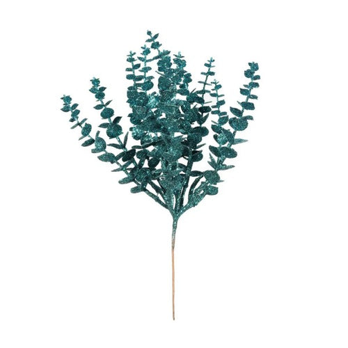 35cm Peacock Blue Glitter Eucalyptus Bush - Christmas Xmas Artificial Greenery