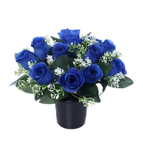 Rose, Gyp and Foliage Memorial Grave Pot - Blue